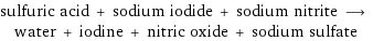 sulfuric acid + sodium iodide + sodium nitrite ⟶ water + iodine + nitric oxide + sodium sulfate