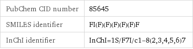 PubChem CID number | 85645 SMILES identifier | FI(F)(F)(F)(F)(F)F InChI identifier | InChI=1S/F7I/c1-8(2, 3, 4, 5, 6)7