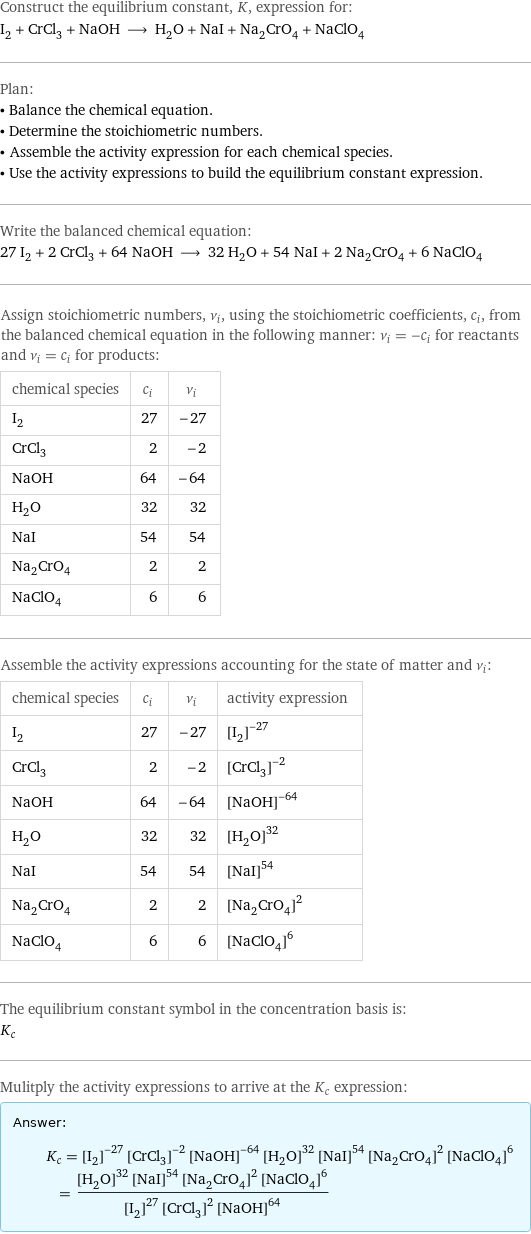 Construct the equilibrium constant, K, expression for: I_2 + CrCl_3 + NaOH ⟶ H_2O + NaI + Na_2CrO_4 + NaClO_4 Plan: • Balance the chemical equation. • Determine the stoichiometric numbers. • Assemble the activity expression for each chemical species. • Use the activity expressions to build the equilibrium constant expression. Write the balanced chemical equation: 27 I_2 + 2 CrCl_3 + 64 NaOH ⟶ 32 H_2O + 54 NaI + 2 Na_2CrO_4 + 6 NaClO_4 Assign stoichiometric numbers, ν_i, using the stoichiometric coefficients, c_i, from the balanced chemical equation in the following manner: ν_i = -c_i for reactants and ν_i = c_i for products: chemical species | c_i | ν_i I_2 | 27 | -27 CrCl_3 | 2 | -2 NaOH | 64 | -64 H_2O | 32 | 32 NaI | 54 | 54 Na_2CrO_4 | 2 | 2 NaClO_4 | 6 | 6 Assemble the activity expressions accounting for the state of matter and ν_i: chemical species | c_i | ν_i | activity expression I_2 | 27 | -27 | ([I2])^(-27) CrCl_3 | 2 | -2 | ([CrCl3])^(-2) NaOH | 64 | -64 | ([NaOH])^(-64) H_2O | 32 | 32 | ([H2O])^32 NaI | 54 | 54 | ([NaI])^54 Na_2CrO_4 | 2 | 2 | ([Na2CrO4])^2 NaClO_4 | 6 | 6 | ([NaClO4])^6 The equilibrium constant symbol in the concentration basis is: K_c Mulitply the activity expressions to arrive at the K_c expression: Answer: |   | K_c = ([I2])^(-27) ([CrCl3])^(-2) ([NaOH])^(-64) ([H2O])^32 ([NaI])^54 ([Na2CrO4])^2 ([NaClO4])^6 = (([H2O])^32 ([NaI])^54 ([Na2CrO4])^2 ([NaClO4])^6)/(([I2])^27 ([CrCl3])^2 ([NaOH])^64)