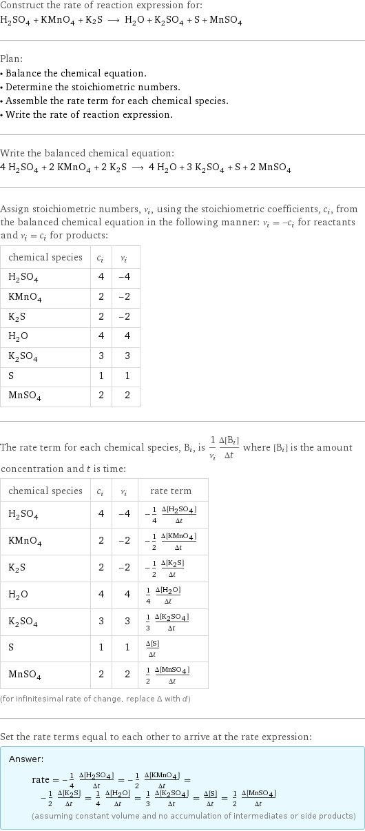 Construct the rate of reaction expression for: H_2SO_4 + KMnO_4 + K2S ⟶ H_2O + K_2SO_4 + S + MnSO_4 Plan: • Balance the chemical equation. • Determine the stoichiometric numbers. • Assemble the rate term for each chemical species. • Write the rate of reaction expression. Write the balanced chemical equation: 4 H_2SO_4 + 2 KMnO_4 + 2 K2S ⟶ 4 H_2O + 3 K_2SO_4 + S + 2 MnSO_4 Assign stoichiometric numbers, ν_i, using the stoichiometric coefficients, c_i, from the balanced chemical equation in the following manner: ν_i = -c_i for reactants and ν_i = c_i for products: chemical species | c_i | ν_i H_2SO_4 | 4 | -4 KMnO_4 | 2 | -2 K2S | 2 | -2 H_2O | 4 | 4 K_2SO_4 | 3 | 3 S | 1 | 1 MnSO_4 | 2 | 2 The rate term for each chemical species, B_i, is 1/ν_i(Δ[B_i])/(Δt) where [B_i] is the amount concentration and t is time: chemical species | c_i | ν_i | rate term H_2SO_4 | 4 | -4 | -1/4 (Δ[H2SO4])/(Δt) KMnO_4 | 2 | -2 | -1/2 (Δ[KMnO4])/(Δt) K2S | 2 | -2 | -1/2 (Δ[K2S])/(Δt) H_2O | 4 | 4 | 1/4 (Δ[H2O])/(Δt) K_2SO_4 | 3 | 3 | 1/3 (Δ[K2SO4])/(Δt) S | 1 | 1 | (Δ[S])/(Δt) MnSO_4 | 2 | 2 | 1/2 (Δ[MnSO4])/(Δt) (for infinitesimal rate of change, replace Δ with d) Set the rate terms equal to each other to arrive at the rate expression: Answer: |   | rate = -1/4 (Δ[H2SO4])/(Δt) = -1/2 (Δ[KMnO4])/(Δt) = -1/2 (Δ[K2S])/(Δt) = 1/4 (Δ[H2O])/(Δt) = 1/3 (Δ[K2SO4])/(Δt) = (Δ[S])/(Δt) = 1/2 (Δ[MnSO4])/(Δt) (assuming constant volume and no accumulation of intermediates or side products)