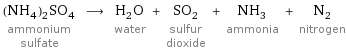 (NH_4)_2SO_4 ammonium sulfate ⟶ H_2O water + SO_2 sulfur dioxide + NH_3 ammonia + N_2 nitrogen