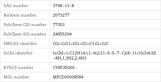 CAS number | 3748-13-8 Beilstein number | 2073277 PubChem CID number | 77353 PubChem SID number | 24855294 SMILES identifier | CC(=C)C1=CC(=CC=C1)C(=C)C InChI identifier | InChI=1/C12H14/c1-9(2)11-6-5-7-12(8-11)10(3)4/h5-8H, 1, 3H2, 2, 4H3 RTECS number | CY8535000 MDL number | MFCD00008584