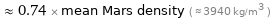  ≈ 0.74 × mean Mars density ( ≈ 3940 kg/m^3 )