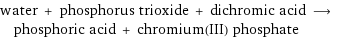 water + phosphorus trioxide + dichromic acid ⟶ phosphoric acid + chromium(III) phosphate