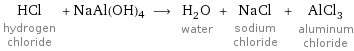 HCl hydrogen chloride + NaAl(OH)4 ⟶ H_2O water + NaCl sodium chloride + AlCl_3 aluminum chloride