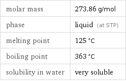 molar mass | 273.86 g/mol phase | liquid (at STP) melting point | 125 °C boiling point | 363 °C solubility in water | very soluble