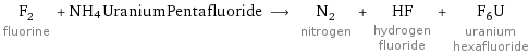 F_2 fluorine + NH4UraniumPentafluoride ⟶ N_2 nitrogen + HF hydrogen fluoride + F_6U uranium hexafluoride