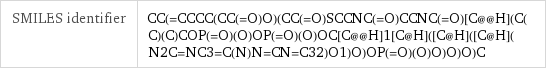 SMILES identifier | CC(=CCCC(CC(=O)O)(CC(=O)SCCNC(=O)CCNC(=O)[C@@H](C(C)(C)COP(=O)(O)OP(=O)(O)OC[C@@H]1[C@H]([C@H]([C@H](N2C=NC3=C(N)N=CN=C32)O1)O)OP(=O)(O)O)O)O)C