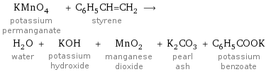 KMnO_4 potassium permanganate + C_6H_5CH=CH_2 styrene ⟶ H_2O water + KOH potassium hydroxide + MnO_2 manganese dioxide + K_2CO_3 pearl ash + C_6H_5COOK potassium benzoate