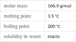 molar mass | 166.9 g/mol melting point | 3.5 °C boiling point | 200 °C solubility in water | reacts
