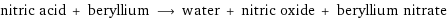 nitric acid + beryllium ⟶ water + nitric oxide + beryllium nitrate