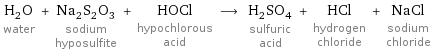 H_2O water + Na_2S_2O_3 sodium hyposulfite + HOCl hypochlorous acid ⟶ H_2SO_4 sulfuric acid + HCl hydrogen chloride + NaCl sodium chloride