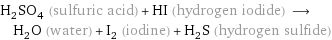 H_2SO_4 (sulfuric acid) + HI (hydrogen iodide) ⟶ H_2O (water) + I_2 (iodine) + H_2S (hydrogen sulfide)