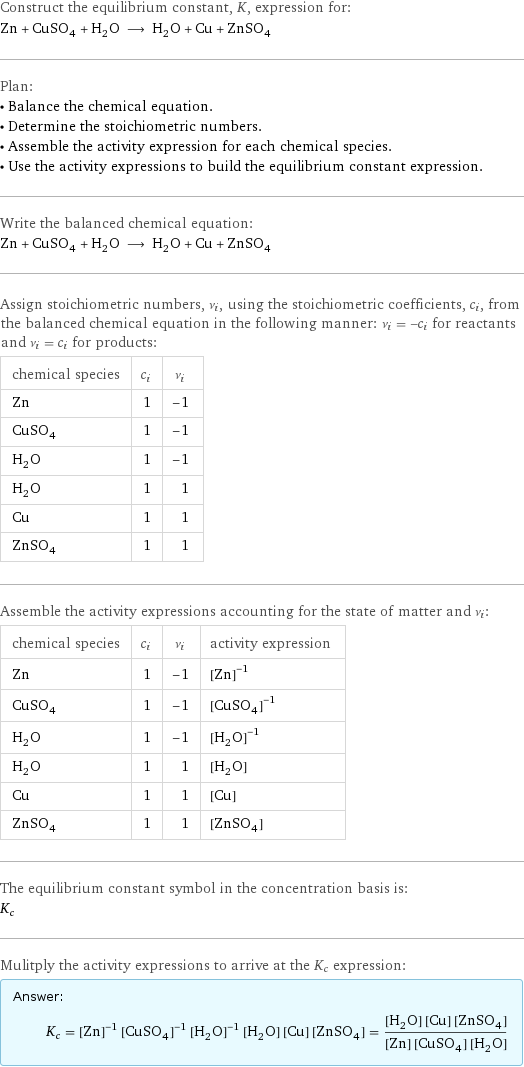 Construct the equilibrium constant, K, expression for: Zn + CuSO_4 + H_2O ⟶ H_2O + Cu + ZnSO_4 Plan: • Balance the chemical equation. • Determine the stoichiometric numbers. • Assemble the activity expression for each chemical species. • Use the activity expressions to build the equilibrium constant expression. Write the balanced chemical equation: Zn + CuSO_4 + H_2O ⟶ H_2O + Cu + ZnSO_4 Assign stoichiometric numbers, ν_i, using the stoichiometric coefficients, c_i, from the balanced chemical equation in the following manner: ν_i = -c_i for reactants and ν_i = c_i for products: chemical species | c_i | ν_i Zn | 1 | -1 CuSO_4 | 1 | -1 H_2O | 1 | -1 H_2O | 1 | 1 Cu | 1 | 1 ZnSO_4 | 1 | 1 Assemble the activity expressions accounting for the state of matter and ν_i: chemical species | c_i | ν_i | activity expression Zn | 1 | -1 | ([Zn])^(-1) CuSO_4 | 1 | -1 | ([CuSO4])^(-1) H_2O | 1 | -1 | ([H2O])^(-1) H_2O | 1 | 1 | [H2O] Cu | 1 | 1 | [Cu] ZnSO_4 | 1 | 1 | [ZnSO4] The equilibrium constant symbol in the concentration basis is: K_c Mulitply the activity expressions to arrive at the K_c expression: Answer: |   | K_c = ([Zn])^(-1) ([CuSO4])^(-1) ([H2O])^(-1) [H2O] [Cu] [ZnSO4] = ([H2O] [Cu] [ZnSO4])/([Zn] [CuSO4] [H2O])