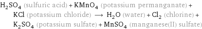 H_2SO_4 (sulfuric acid) + KMnO_4 (potassium permanganate) + KCl (potassium chloride) ⟶ H_2O (water) + Cl_2 (chlorine) + K_2SO_4 (potassium sulfate) + MnSO_4 (manganese(II) sulfate)