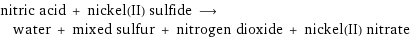 nitric acid + nickel(II) sulfide ⟶ water + mixed sulfur + nitrogen dioxide + nickel(II) nitrate