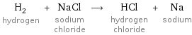 H_2 hydrogen + NaCl sodium chloride ⟶ HCl hydrogen chloride + Na sodium