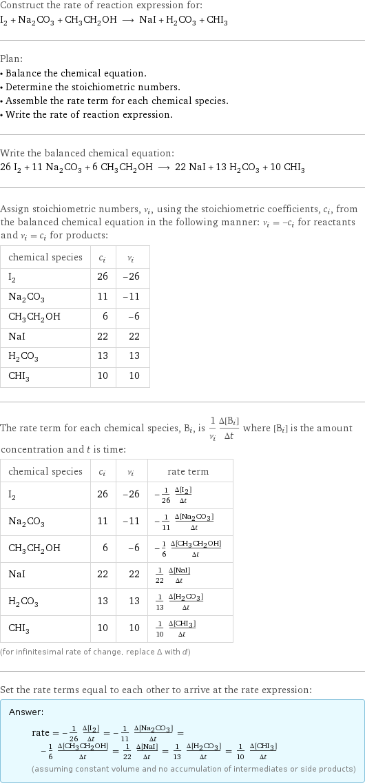 Construct the rate of reaction expression for: I_2 + Na_2CO_3 + CH_3CH_2OH ⟶ NaI + H_2CO_3 + CHI_3 Plan: • Balance the chemical equation. • Determine the stoichiometric numbers. • Assemble the rate term for each chemical species. • Write the rate of reaction expression. Write the balanced chemical equation: 26 I_2 + 11 Na_2CO_3 + 6 CH_3CH_2OH ⟶ 22 NaI + 13 H_2CO_3 + 10 CHI_3 Assign stoichiometric numbers, ν_i, using the stoichiometric coefficients, c_i, from the balanced chemical equation in the following manner: ν_i = -c_i for reactants and ν_i = c_i for products: chemical species | c_i | ν_i I_2 | 26 | -26 Na_2CO_3 | 11 | -11 CH_3CH_2OH | 6 | -6 NaI | 22 | 22 H_2CO_3 | 13 | 13 CHI_3 | 10 | 10 The rate term for each chemical species, B_i, is 1/ν_i(Δ[B_i])/(Δt) where [B_i] is the amount concentration and t is time: chemical species | c_i | ν_i | rate term I_2 | 26 | -26 | -1/26 (Δ[I2])/(Δt) Na_2CO_3 | 11 | -11 | -1/11 (Δ[Na2CO3])/(Δt) CH_3CH_2OH | 6 | -6 | -1/6 (Δ[CH3CH2OH])/(Δt) NaI | 22 | 22 | 1/22 (Δ[NaI])/(Δt) H_2CO_3 | 13 | 13 | 1/13 (Δ[H2CO3])/(Δt) CHI_3 | 10 | 10 | 1/10 (Δ[CHI3])/(Δt) (for infinitesimal rate of change, replace Δ with d) Set the rate terms equal to each other to arrive at the rate expression: Answer: |   | rate = -1/26 (Δ[I2])/(Δt) = -1/11 (Δ[Na2CO3])/(Δt) = -1/6 (Δ[CH3CH2OH])/(Δt) = 1/22 (Δ[NaI])/(Δt) = 1/13 (Δ[H2CO3])/(Δt) = 1/10 (Δ[CHI3])/(Δt) (assuming constant volume and no accumulation of intermediates or side products)