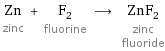 Zn zinc + F_2 fluorine ⟶ ZnF_2 zinc fluoride