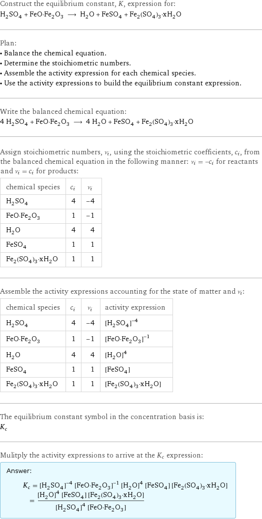 Construct the equilibrium constant, K, expression for: H_2SO_4 + FeO·Fe_2O_3 ⟶ H_2O + FeSO_4 + Fe_2(SO_4)_3·xH_2O Plan: • Balance the chemical equation. • Determine the stoichiometric numbers. • Assemble the activity expression for each chemical species. • Use the activity expressions to build the equilibrium constant expression. Write the balanced chemical equation: 4 H_2SO_4 + FeO·Fe_2O_3 ⟶ 4 H_2O + FeSO_4 + Fe_2(SO_4)_3·xH_2O Assign stoichiometric numbers, ν_i, using the stoichiometric coefficients, c_i, from the balanced chemical equation in the following manner: ν_i = -c_i for reactants and ν_i = c_i for products: chemical species | c_i | ν_i H_2SO_4 | 4 | -4 FeO·Fe_2O_3 | 1 | -1 H_2O | 4 | 4 FeSO_4 | 1 | 1 Fe_2(SO_4)_3·xH_2O | 1 | 1 Assemble the activity expressions accounting for the state of matter and ν_i: chemical species | c_i | ν_i | activity expression H_2SO_4 | 4 | -4 | ([H2SO4])^(-4) FeO·Fe_2O_3 | 1 | -1 | ([FeO·Fe2O3])^(-1) H_2O | 4 | 4 | ([H2O])^4 FeSO_4 | 1 | 1 | [FeSO4] Fe_2(SO_4)_3·xH_2O | 1 | 1 | [Fe2(SO4)3·xH2O] The equilibrium constant symbol in the concentration basis is: K_c Mulitply the activity expressions to arrive at the K_c expression: Answer: |   | K_c = ([H2SO4])^(-4) ([FeO·Fe2O3])^(-1) ([H2O])^4 [FeSO4] [Fe2(SO4)3·xH2O] = (([H2O])^4 [FeSO4] [Fe2(SO4)3·xH2O])/(([H2SO4])^4 [FeO·Fe2O3])