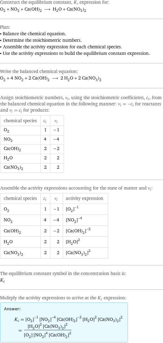 Construct the equilibrium constant, K, expression for: O_2 + NO_2 + Ca(OH)_2 ⟶ H_2O + Ca(NO_3)_2 Plan: • Balance the chemical equation. • Determine the stoichiometric numbers. • Assemble the activity expression for each chemical species. • Use the activity expressions to build the equilibrium constant expression. Write the balanced chemical equation: O_2 + 4 NO_2 + 2 Ca(OH)_2 ⟶ 2 H_2O + 2 Ca(NO_3)_2 Assign stoichiometric numbers, ν_i, using the stoichiometric coefficients, c_i, from the balanced chemical equation in the following manner: ν_i = -c_i for reactants and ν_i = c_i for products: chemical species | c_i | ν_i O_2 | 1 | -1 NO_2 | 4 | -4 Ca(OH)_2 | 2 | -2 H_2O | 2 | 2 Ca(NO_3)_2 | 2 | 2 Assemble the activity expressions accounting for the state of matter and ν_i: chemical species | c_i | ν_i | activity expression O_2 | 1 | -1 | ([O2])^(-1) NO_2 | 4 | -4 | ([NO2])^(-4) Ca(OH)_2 | 2 | -2 | ([Ca(OH)2])^(-2) H_2O | 2 | 2 | ([H2O])^2 Ca(NO_3)_2 | 2 | 2 | ([Ca(NO3)2])^2 The equilibrium constant symbol in the concentration basis is: K_c Mulitply the activity expressions to arrive at the K_c expression: Answer: |   | K_c = ([O2])^(-1) ([NO2])^(-4) ([Ca(OH)2])^(-2) ([H2O])^2 ([Ca(NO3)2])^2 = (([H2O])^2 ([Ca(NO3)2])^2)/([O2] ([NO2])^4 ([Ca(OH)2])^2)