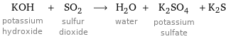 KOH potassium hydroxide + SO_2 sulfur dioxide ⟶ H_2O water + K_2SO_4 potassium sulfate + K2S