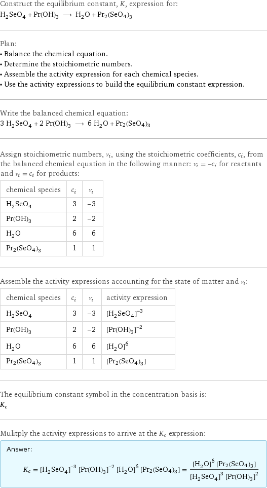 Construct the equilibrium constant, K, expression for: H_2SeO_4 + Pr(OH)_3 ⟶ H_2O + Pr2(SeO4)3 Plan: • Balance the chemical equation. • Determine the stoichiometric numbers. • Assemble the activity expression for each chemical species. • Use the activity expressions to build the equilibrium constant expression. Write the balanced chemical equation: 3 H_2SeO_4 + 2 Pr(OH)_3 ⟶ 6 H_2O + Pr2(SeO4)3 Assign stoichiometric numbers, ν_i, using the stoichiometric coefficients, c_i, from the balanced chemical equation in the following manner: ν_i = -c_i for reactants and ν_i = c_i for products: chemical species | c_i | ν_i H_2SeO_4 | 3 | -3 Pr(OH)_3 | 2 | -2 H_2O | 6 | 6 Pr2(SeO4)3 | 1 | 1 Assemble the activity expressions accounting for the state of matter and ν_i: chemical species | c_i | ν_i | activity expression H_2SeO_4 | 3 | -3 | ([H2SeO4])^(-3) Pr(OH)_3 | 2 | -2 | ([Pr(OH)3])^(-2) H_2O | 6 | 6 | ([H2O])^6 Pr2(SeO4)3 | 1 | 1 | [Pr2(SeO4)3] The equilibrium constant symbol in the concentration basis is: K_c Mulitply the activity expressions to arrive at the K_c expression: Answer: |   | K_c = ([H2SeO4])^(-3) ([Pr(OH)3])^(-2) ([H2O])^6 [Pr2(SeO4)3] = (([H2O])^6 [Pr2(SeO4)3])/(([H2SeO4])^3 ([Pr(OH)3])^2)