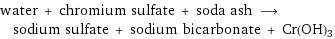 water + chromium sulfate + soda ash ⟶ sodium sulfate + sodium bicarbonate + Cr(OH)3