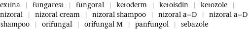 extina | fungarest | fungoral | ketoderm | ketoisdin | ketozole | nizoral | nizoral cream | nizoral shampoo | nizoral a-D | nizoral a-D shampoo | orifungal | orifungal M | panfungol | sebazole