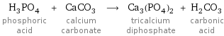 H_3PO_4 phosphoric acid + CaCO_3 calcium carbonate ⟶ Ca_3(PO_4)_2 tricalcium diphosphate + H_2CO_3 carbonic acid