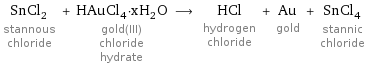 SnCl_2 stannous chloride + HAuCl_4·xH_2O gold(III) chloride hydrate ⟶ HCl hydrogen chloride + Au gold + SnCl_4 stannic chloride