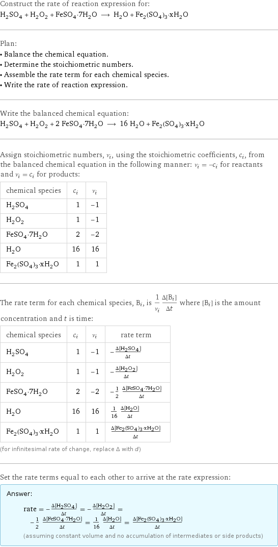 Construct the rate of reaction expression for: H_2SO_4 + H_2O_2 + FeSO_4·7H_2O ⟶ H_2O + Fe_2(SO_4)_3·xH_2O Plan: • Balance the chemical equation. • Determine the stoichiometric numbers. • Assemble the rate term for each chemical species. • Write the rate of reaction expression. Write the balanced chemical equation: H_2SO_4 + H_2O_2 + 2 FeSO_4·7H_2O ⟶ 16 H_2O + Fe_2(SO_4)_3·xH_2O Assign stoichiometric numbers, ν_i, using the stoichiometric coefficients, c_i, from the balanced chemical equation in the following manner: ν_i = -c_i for reactants and ν_i = c_i for products: chemical species | c_i | ν_i H_2SO_4 | 1 | -1 H_2O_2 | 1 | -1 FeSO_4·7H_2O | 2 | -2 H_2O | 16 | 16 Fe_2(SO_4)_3·xH_2O | 1 | 1 The rate term for each chemical species, B_i, is 1/ν_i(Δ[B_i])/(Δt) where [B_i] is the amount concentration and t is time: chemical species | c_i | ν_i | rate term H_2SO_4 | 1 | -1 | -(Δ[H2SO4])/(Δt) H_2O_2 | 1 | -1 | -(Δ[H2O2])/(Δt) FeSO_4·7H_2O | 2 | -2 | -1/2 (Δ[FeSO4·7H2O])/(Δt) H_2O | 16 | 16 | 1/16 (Δ[H2O])/(Δt) Fe_2(SO_4)_3·xH_2O | 1 | 1 | (Δ[Fe2(SO4)3·xH2O])/(Δt) (for infinitesimal rate of change, replace Δ with d) Set the rate terms equal to each other to arrive at the rate expression: Answer: |   | rate = -(Δ[H2SO4])/(Δt) = -(Δ[H2O2])/(Δt) = -1/2 (Δ[FeSO4·7H2O])/(Δt) = 1/16 (Δ[H2O])/(Δt) = (Δ[Fe2(SO4)3·xH2O])/(Δt) (assuming constant volume and no accumulation of intermediates or side products)