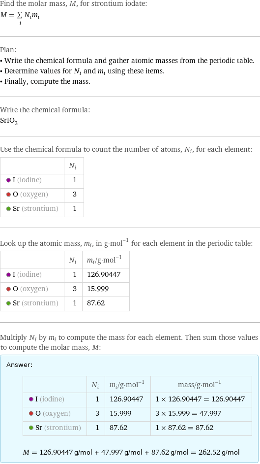 Find the molar mass, M, for strontium iodate: M = sum _iN_im_i Plan: • Write the chemical formula and gather atomic masses from the periodic table. • Determine values for N_i and m_i using these items. • Finally, compute the mass. Write the chemical formula: SrIO_3 Use the chemical formula to count the number of atoms, N_i, for each element:  | N_i  I (iodine) | 1  O (oxygen) | 3  Sr (strontium) | 1 Look up the atomic mass, m_i, in g·mol^(-1) for each element in the periodic table:  | N_i | m_i/g·mol^(-1)  I (iodine) | 1 | 126.90447  O (oxygen) | 3 | 15.999  Sr (strontium) | 1 | 87.62 Multiply N_i by m_i to compute the mass for each element. Then sum those values to compute the molar mass, M: Answer: |   | | N_i | m_i/g·mol^(-1) | mass/g·mol^(-1)  I (iodine) | 1 | 126.90447 | 1 × 126.90447 = 126.90447  O (oxygen) | 3 | 15.999 | 3 × 15.999 = 47.997  Sr (strontium) | 1 | 87.62 | 1 × 87.62 = 87.62  M = 126.90447 g/mol + 47.997 g/mol + 87.62 g/mol = 262.52 g/mol