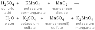 H_2SO_4 sulfuric acid + KMnO_4 potassium permanganate + MnO_2 manganese dioxide ⟶ H_2O water + K_2SO_4 potassium sulfate + MnSO_4 manganese(II) sulfate + K_2MnO_4 potassium manganate