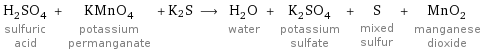 H_2SO_4 sulfuric acid + KMnO_4 potassium permanganate + K2S ⟶ H_2O water + K_2SO_4 potassium sulfate + S mixed sulfur + MnO_2 manganese dioxide