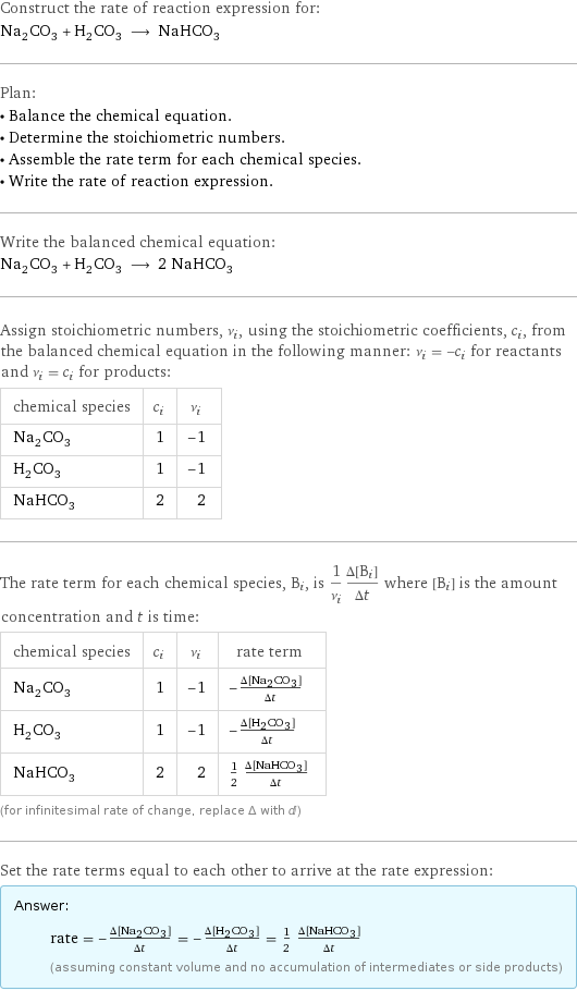 Construct the rate of reaction expression for: Na_2CO_3 + H_2CO_3 ⟶ NaHCO_3 Plan: • Balance the chemical equation. • Determine the stoichiometric numbers. • Assemble the rate term for each chemical species. • Write the rate of reaction expression. Write the balanced chemical equation: Na_2CO_3 + H_2CO_3 ⟶ 2 NaHCO_3 Assign stoichiometric numbers, ν_i, using the stoichiometric coefficients, c_i, from the balanced chemical equation in the following manner: ν_i = -c_i for reactants and ν_i = c_i for products: chemical species | c_i | ν_i Na_2CO_3 | 1 | -1 H_2CO_3 | 1 | -1 NaHCO_3 | 2 | 2 The rate term for each chemical species, B_i, is 1/ν_i(Δ[B_i])/(Δt) where [B_i] is the amount concentration and t is time: chemical species | c_i | ν_i | rate term Na_2CO_3 | 1 | -1 | -(Δ[Na2CO3])/(Δt) H_2CO_3 | 1 | -1 | -(Δ[H2CO3])/(Δt) NaHCO_3 | 2 | 2 | 1/2 (Δ[NaHCO3])/(Δt) (for infinitesimal rate of change, replace Δ with d) Set the rate terms equal to each other to arrive at the rate expression: Answer: |   | rate = -(Δ[Na2CO3])/(Δt) = -(Δ[H2CO3])/(Δt) = 1/2 (Δ[NaHCO3])/(Δt) (assuming constant volume and no accumulation of intermediates or side products)