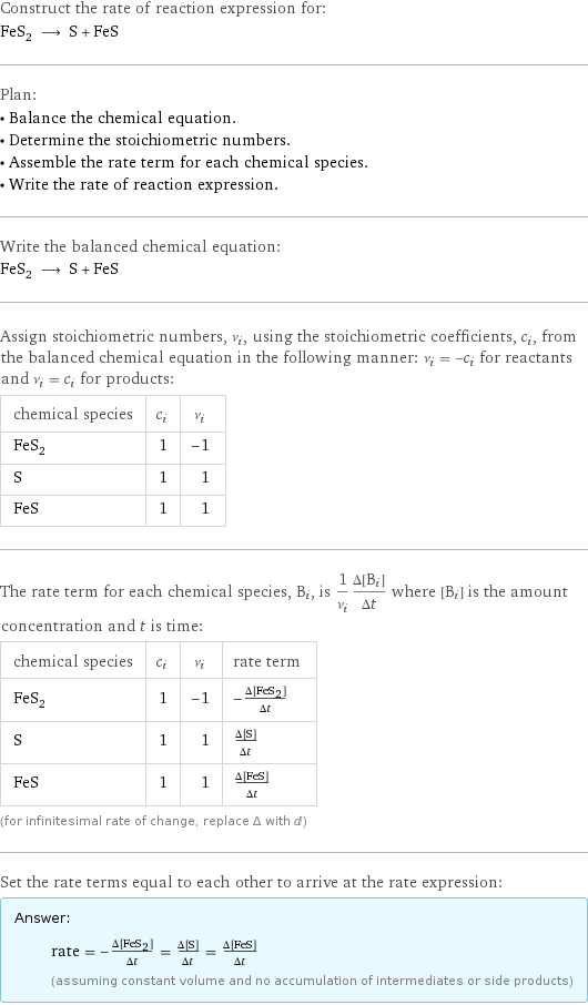 Construct the rate of reaction expression for: FeS_2 ⟶ S + FeS Plan: • Balance the chemical equation. • Determine the stoichiometric numbers. • Assemble the rate term for each chemical species. • Write the rate of reaction expression. Write the balanced chemical equation: FeS_2 ⟶ S + FeS Assign stoichiometric numbers, ν_i, using the stoichiometric coefficients, c_i, from the balanced chemical equation in the following manner: ν_i = -c_i for reactants and ν_i = c_i for products: chemical species | c_i | ν_i FeS_2 | 1 | -1 S | 1 | 1 FeS | 1 | 1 The rate term for each chemical species, B_i, is 1/ν_i(Δ[B_i])/(Δt) where [B_i] is the amount concentration and t is time: chemical species | c_i | ν_i | rate term FeS_2 | 1 | -1 | -(Δ[FeS2])/(Δt) S | 1 | 1 | (Δ[S])/(Δt) FeS | 1 | 1 | (Δ[FeS])/(Δt) (for infinitesimal rate of change, replace Δ with d) Set the rate terms equal to each other to arrive at the rate expression: Answer: |   | rate = -(Δ[FeS2])/(Δt) = (Δ[S])/(Δt) = (Δ[FeS])/(Δt) (assuming constant volume and no accumulation of intermediates or side products)