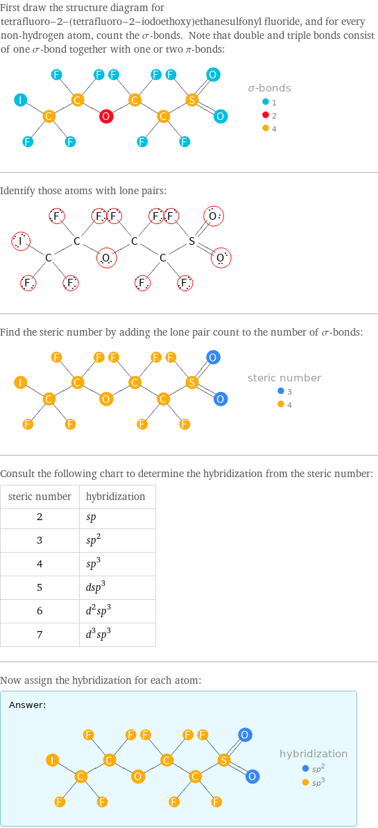 First draw the structure diagram for tetrafluoro-2-(tetrafluoro-2-iodoethoxy)ethanesulfonyl fluoride, and for every non-hydrogen atom, count the σ-bonds. Note that double and triple bonds consist of one σ-bond together with one or two π-bonds:  Identify those atoms with lone pairs:  Find the steric number by adding the lone pair count to the number of σ-bonds:  Consult the following chart to determine the hybridization from the steric number: steric number | hybridization 2 | sp 3 | sp^2 4 | sp^3 5 | dsp^3 6 | d^2sp^3 7 | d^3sp^3 Now assign the hybridization for each atom: Answer: |   | 