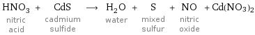 HNO_3 nitric acid + CdS cadmium sulfide ⟶ H_2O water + S mixed sulfur + NO nitric oxide + Cd(NO3)2