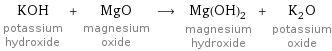 KOH potassium hydroxide + MgO magnesium oxide ⟶ Mg(OH)_2 magnesium hydroxide + K_2O potassium oxide