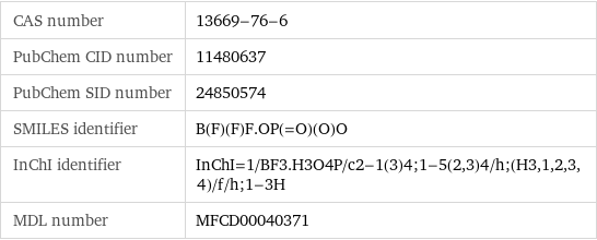 CAS number | 13669-76-6 PubChem CID number | 11480637 PubChem SID number | 24850574 SMILES identifier | B(F)(F)F.OP(=O)(O)O InChI identifier | InChI=1/BF3.H3O4P/c2-1(3)4;1-5(2, 3)4/h;(H3, 1, 2, 3, 4)/f/h;1-3H MDL number | MFCD00040371