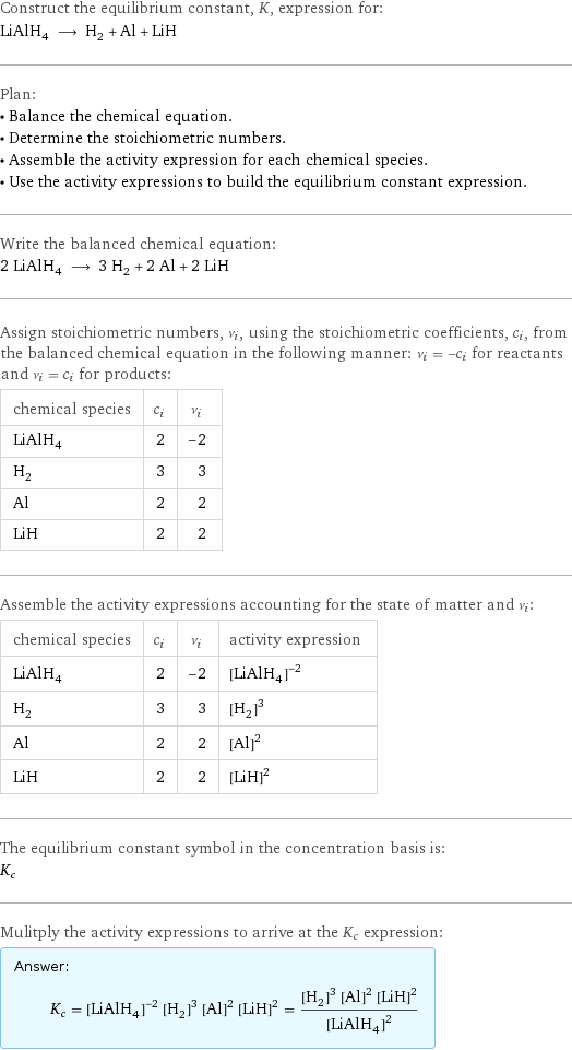 Construct the equilibrium constant, K, expression for: LiAlH_4 ⟶ H_2 + Al + LiH Plan: • Balance the chemical equation. • Determine the stoichiometric numbers. • Assemble the activity expression for each chemical species. • Use the activity expressions to build the equilibrium constant expression. Write the balanced chemical equation: 2 LiAlH_4 ⟶ 3 H_2 + 2 Al + 2 LiH Assign stoichiometric numbers, ν_i, using the stoichiometric coefficients, c_i, from the balanced chemical equation in the following manner: ν_i = -c_i for reactants and ν_i = c_i for products: chemical species | c_i | ν_i LiAlH_4 | 2 | -2 H_2 | 3 | 3 Al | 2 | 2 LiH | 2 | 2 Assemble the activity expressions accounting for the state of matter and ν_i: chemical species | c_i | ν_i | activity expression LiAlH_4 | 2 | -2 | ([LiAlH4])^(-2) H_2 | 3 | 3 | ([H2])^3 Al | 2 | 2 | ([Al])^2 LiH | 2 | 2 | ([LiH])^2 The equilibrium constant symbol in the concentration basis is: K_c Mulitply the activity expressions to arrive at the K_c expression: Answer: |   | K_c = ([LiAlH4])^(-2) ([H2])^3 ([Al])^2 ([LiH])^2 = (([H2])^3 ([Al])^2 ([LiH])^2)/([LiAlH4])^2