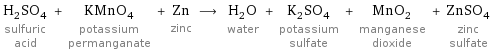 H_2SO_4 sulfuric acid + KMnO_4 potassium permanganate + Zn zinc ⟶ H_2O water + K_2SO_4 potassium sulfate + MnO_2 manganese dioxide + ZnSO_4 zinc sulfate