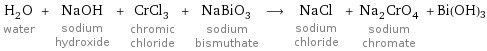 H_2O water + NaOH sodium hydroxide + CrCl_3 chromic chloride + NaBiO_3 sodium bismuthate ⟶ NaCl sodium chloride + Na_2CrO_4 sodium chromate + Bi(OH)3