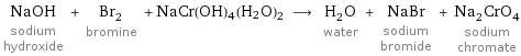 NaOH sodium hydroxide + Br_2 bromine + NaCr(OH)4(H2O)2 ⟶ H_2O water + NaBr sodium bromide + Na_2CrO_4 sodium chromate