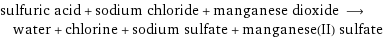 sulfuric acid + sodium chloride + manganese dioxide ⟶ water + chlorine + sodium sulfate + manganese(II) sulfate