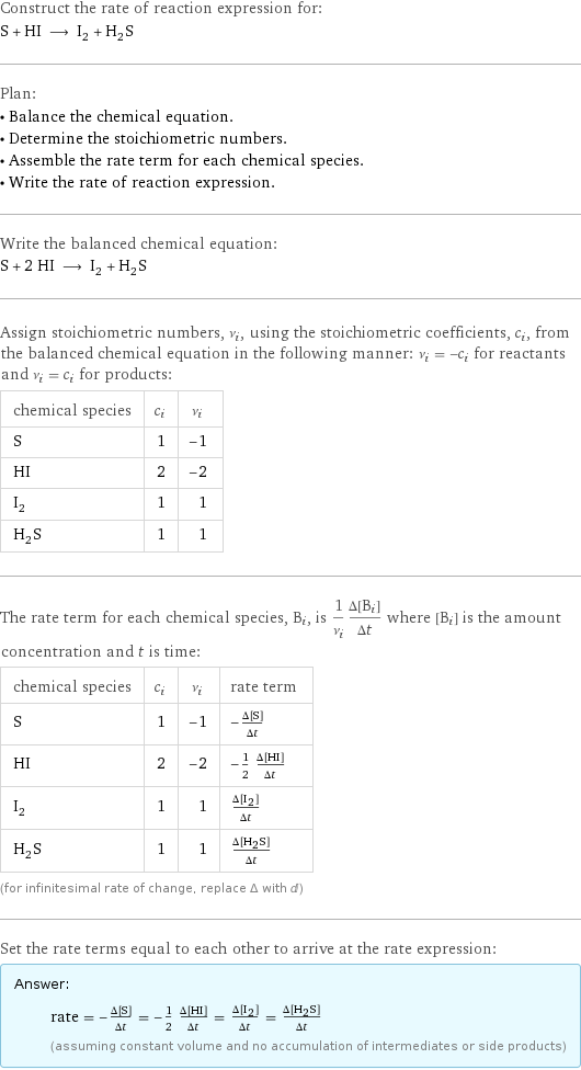 Construct the rate of reaction expression for: S + HI ⟶ I_2 + H_2S Plan: • Balance the chemical equation. • Determine the stoichiometric numbers. • Assemble the rate term for each chemical species. • Write the rate of reaction expression. Write the balanced chemical equation: S + 2 HI ⟶ I_2 + H_2S Assign stoichiometric numbers, ν_i, using the stoichiometric coefficients, c_i, from the balanced chemical equation in the following manner: ν_i = -c_i for reactants and ν_i = c_i for products: chemical species | c_i | ν_i S | 1 | -1 HI | 2 | -2 I_2 | 1 | 1 H_2S | 1 | 1 The rate term for each chemical species, B_i, is 1/ν_i(Δ[B_i])/(Δt) where [B_i] is the amount concentration and t is time: chemical species | c_i | ν_i | rate term S | 1 | -1 | -(Δ[S])/(Δt) HI | 2 | -2 | -1/2 (Δ[HI])/(Δt) I_2 | 1 | 1 | (Δ[I2])/(Δt) H_2S | 1 | 1 | (Δ[H2S])/(Δt) (for infinitesimal rate of change, replace Δ with d) Set the rate terms equal to each other to arrive at the rate expression: Answer: |   | rate = -(Δ[S])/(Δt) = -1/2 (Δ[HI])/(Δt) = (Δ[I2])/(Δt) = (Δ[H2S])/(Δt) (assuming constant volume and no accumulation of intermediates or side products)