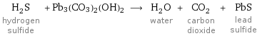 H_2S hydrogen sulfide + Pb3(CO3)2(OH)2 ⟶ H_2O water + CO_2 carbon dioxide + PbS lead sulfide