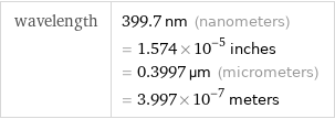 wavelength | 399.7 nm (nanometers) = 1.574×10^-5 inches = 0.3997 µm (micrometers) = 3.997×10^-7 meters