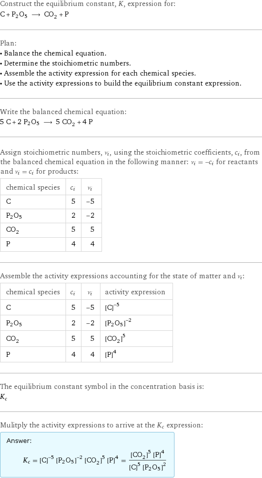 Construct the equilibrium constant, K, expression for: C + P2O5 ⟶ CO_2 + P Plan: • Balance the chemical equation. • Determine the stoichiometric numbers. • Assemble the activity expression for each chemical species. • Use the activity expressions to build the equilibrium constant expression. Write the balanced chemical equation: 5 C + 2 P2O5 ⟶ 5 CO_2 + 4 P Assign stoichiometric numbers, ν_i, using the stoichiometric coefficients, c_i, from the balanced chemical equation in the following manner: ν_i = -c_i for reactants and ν_i = c_i for products: chemical species | c_i | ν_i C | 5 | -5 P2O5 | 2 | -2 CO_2 | 5 | 5 P | 4 | 4 Assemble the activity expressions accounting for the state of matter and ν_i: chemical species | c_i | ν_i | activity expression C | 5 | -5 | ([C])^(-5) P2O5 | 2 | -2 | ([P2O5])^(-2) CO_2 | 5 | 5 | ([CO2])^5 P | 4 | 4 | ([P])^4 The equilibrium constant symbol in the concentration basis is: K_c Mulitply the activity expressions to arrive at the K_c expression: Answer: |   | K_c = ([C])^(-5) ([P2O5])^(-2) ([CO2])^5 ([P])^4 = (([CO2])^5 ([P])^4)/(([C])^5 ([P2O5])^2)